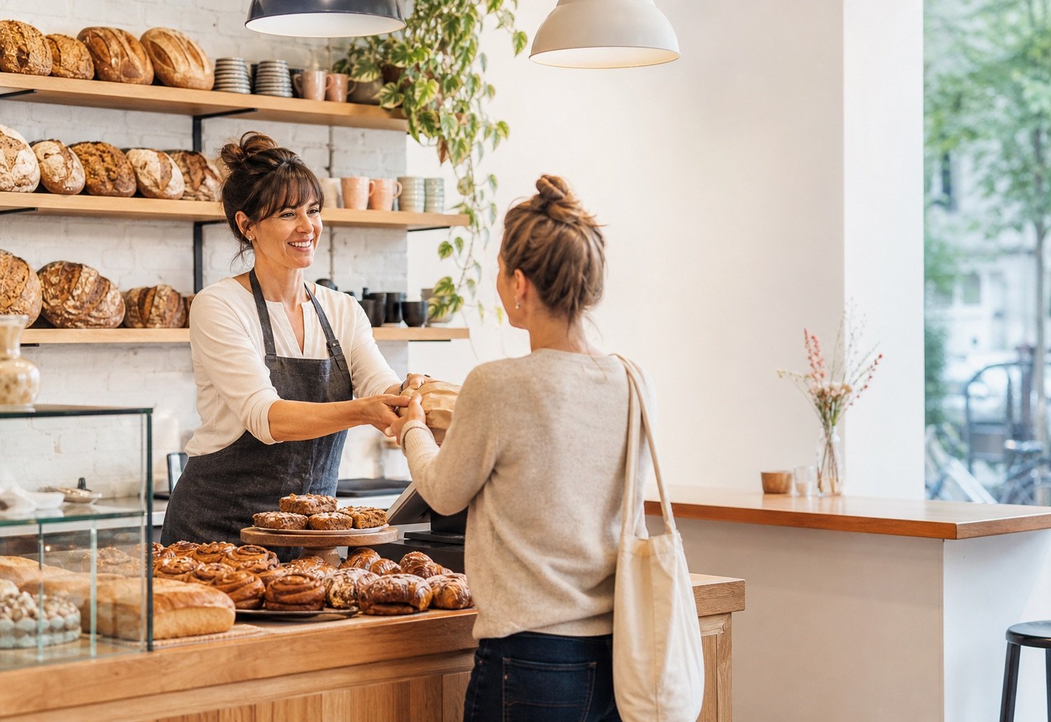 Bakkerijondernemer helpt een klant